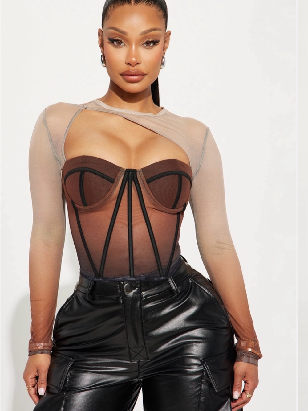Fashion Nova Sheer Mesh Bustier Top in Brown Combo size S NWT - Picture 5 of 5